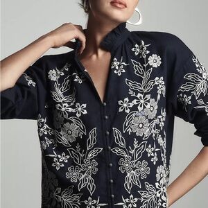 Pilcro Navy Button Down with White Floral Embroidery